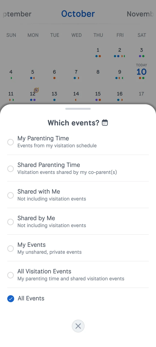 Calendar filter options