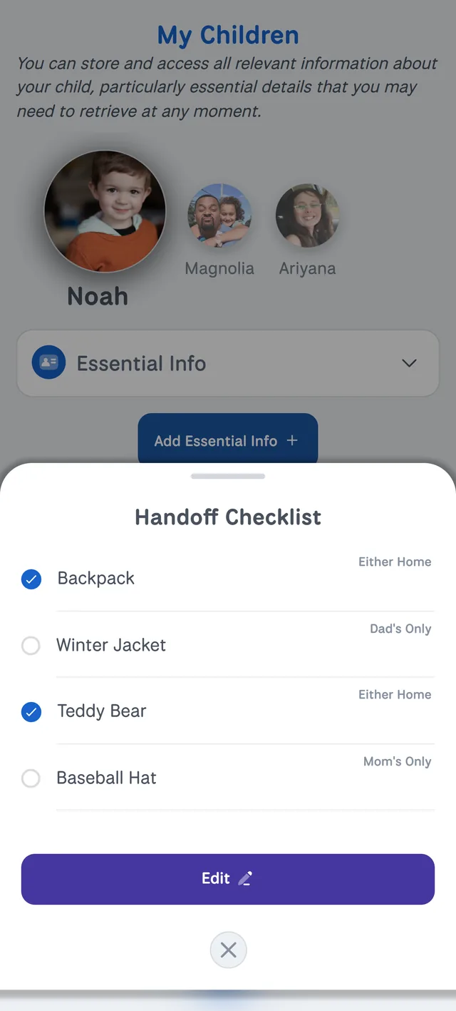 Handoff Checklist with items marked for either home, Dad's only or Mom's only